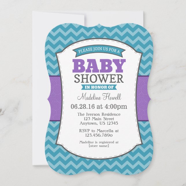 Invitación a Baby Shower de Chevron gris púrpura v (Anverso)