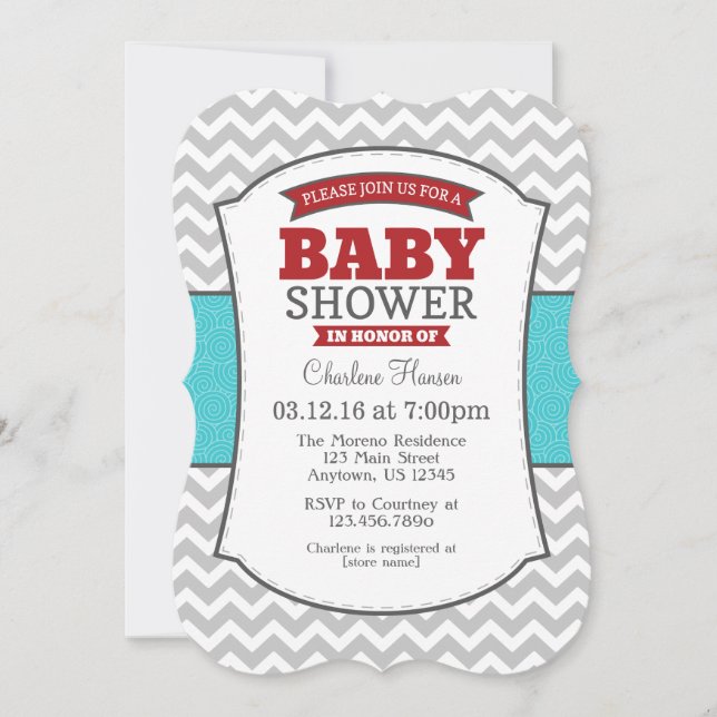 Invitación a Baby Shower de Chevron Gris Rojo verd (Anverso)