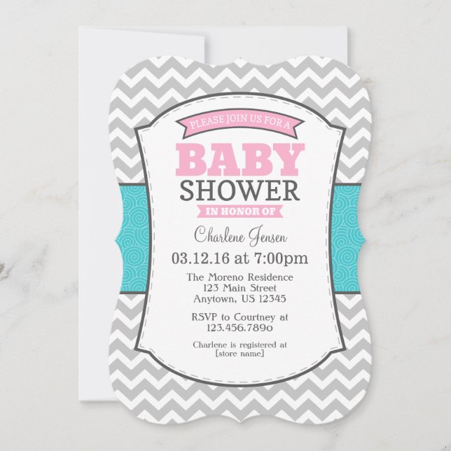 Invitación a Baby Shower de Chevron gris rosado Ve (Anverso)