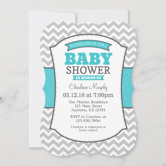 Invitación a Baby Shower de Chevron gris Verde azu (Anverso)