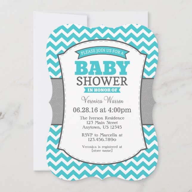 Invitación a Baby Shower de Chevron gris Verde azu (Anverso)