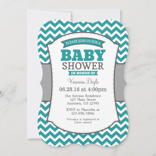 Invitación a Baby Shower de Chevron gris verde azu (Anverso)