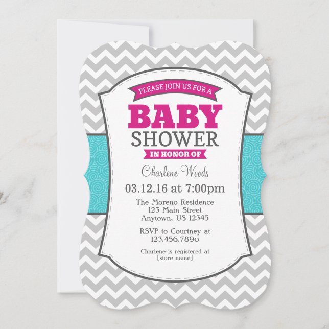 Invitación a Baby Shower de Chevron gris Verde azu (Anverso)
