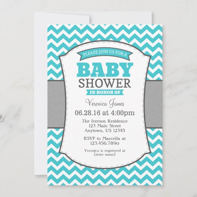 Invitación a Baby Shower de Chevron gris Verde azu (Anverso)