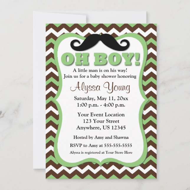 Invitación a Baby Shower de Chevron verde bigote (Anverso)