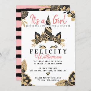 Invitación a Baby Shower de chica Black Gold Unico