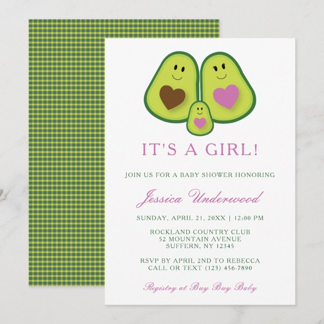Invitación a Baby Shower de Chica de aguacate con  (Anverso / Reverso)