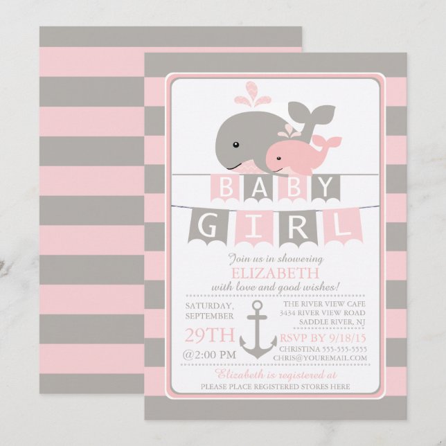 Invitación a Baby Shower de Chica de ballena dulce (Anverso / Reverso)