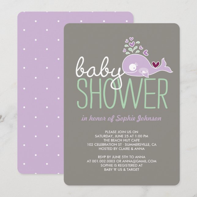 Invitación a Baby Shower de Chica de ballena lilac (Anverso / Reverso)