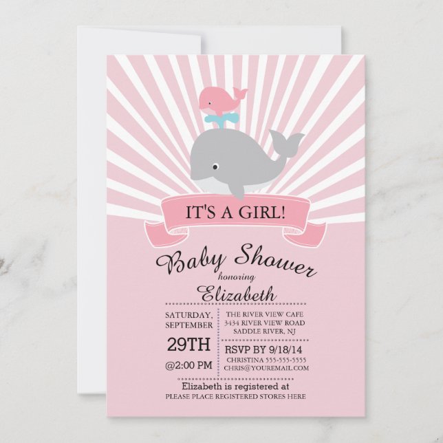 Invitación a Baby Shower de Chica de ballenas náut (Anverso)