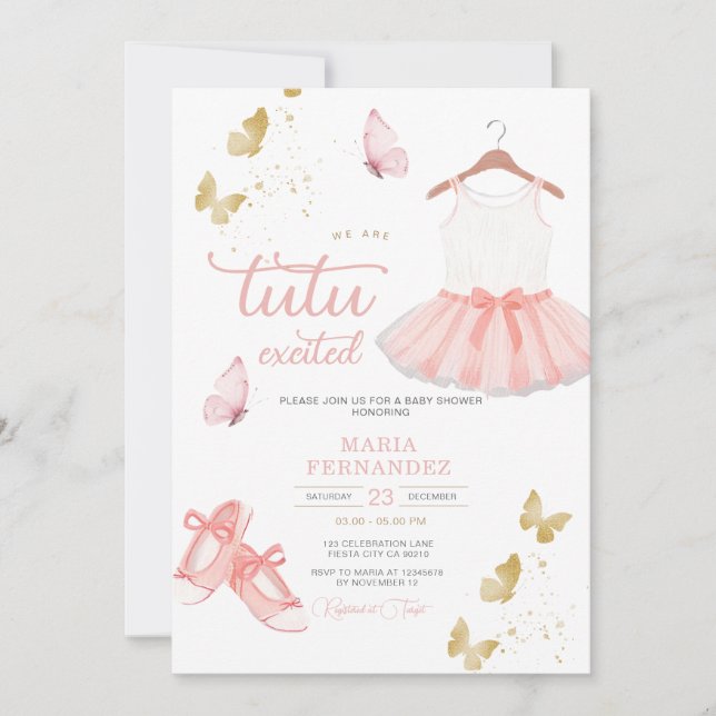 Invitación a Baby Shower de Chica de ballet de oro (Anverso)