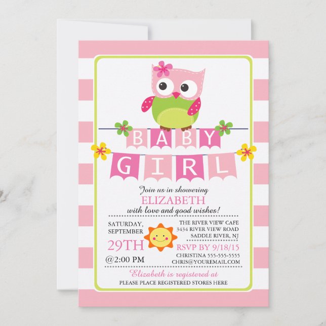 Invitación a Baby Shower de Chica de búho de cola (Anverso)