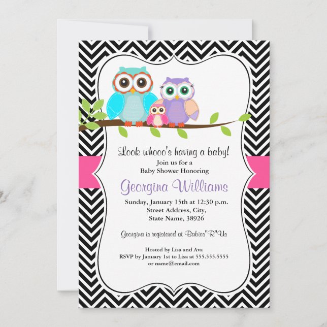 Invitación a Baby Shower de Chica de búho de cola (Anverso)