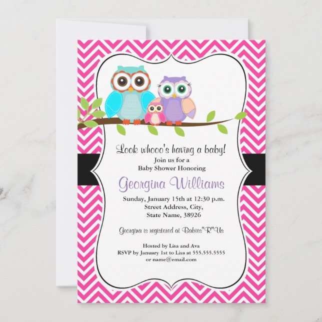 Invitación a Baby Shower de Chica de Búho lindo. R (Anverso)