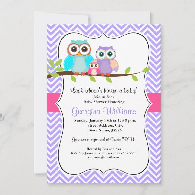 Invitación a Baby Shower de Chica de búho lindo ro (Anverso)