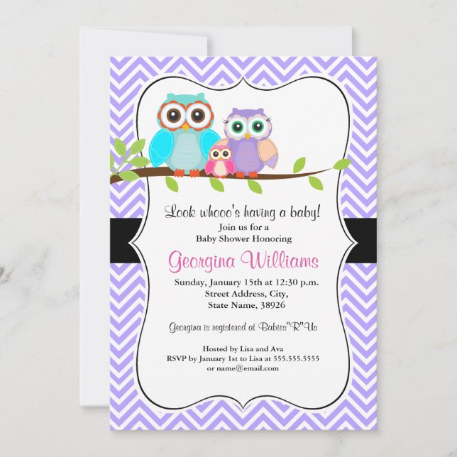 Invitación a Baby Shower de Chica de búho/morado (Anverso)