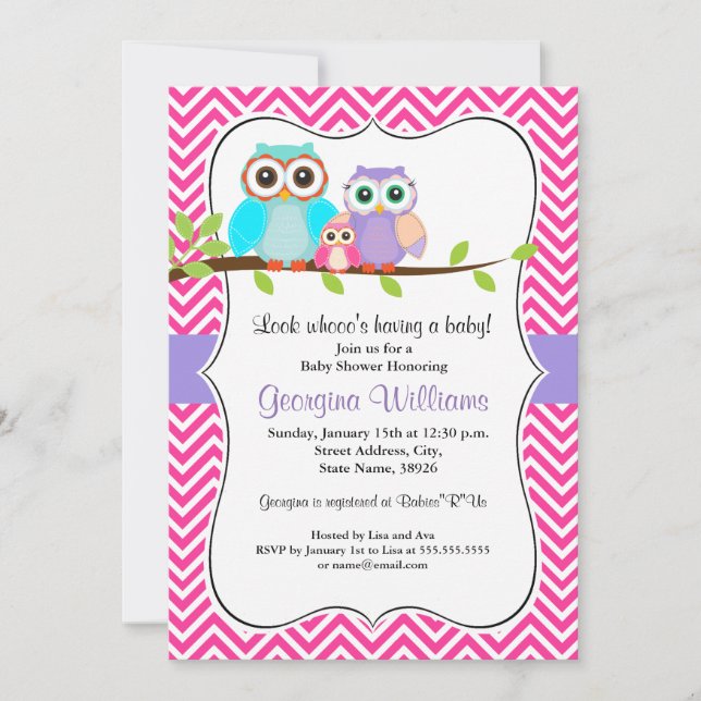 Invitación a Baby Shower de Chica de búho/rosa (Anverso)