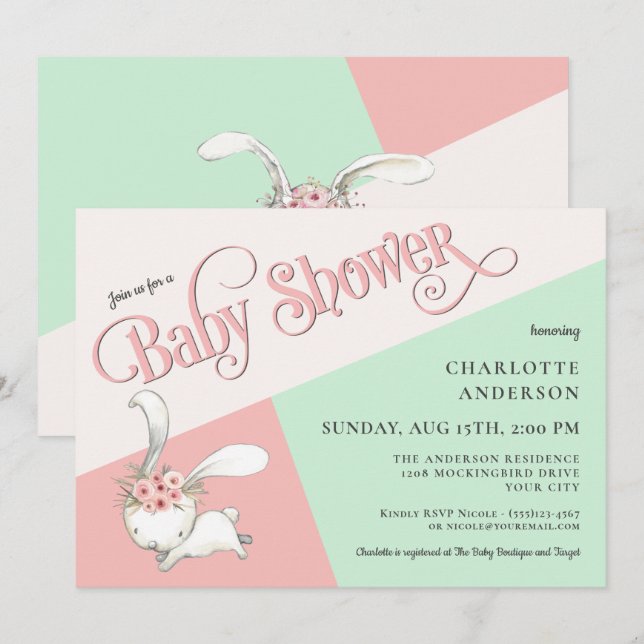 Invitación a Baby Shower de Chica de Conejo Difere (Anverso / Reverso)