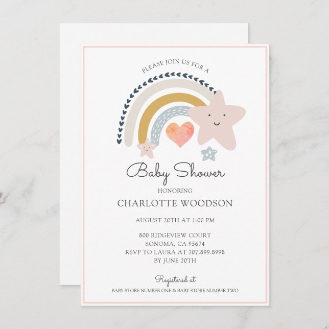 Invitación a Baby Shower de Chica de corazón rosad (Anverso / Reverso)