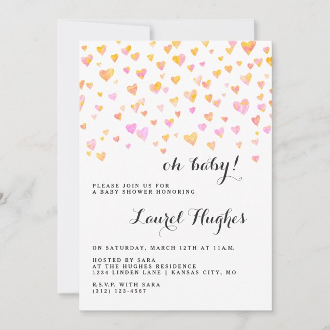 Invitación a Baby Shower de Chica de corazones ros (Anverso)
