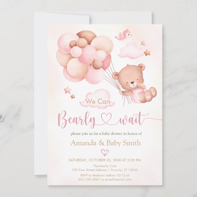 Invitación a Baby Shower de chica de globo de oso  (Anverso)