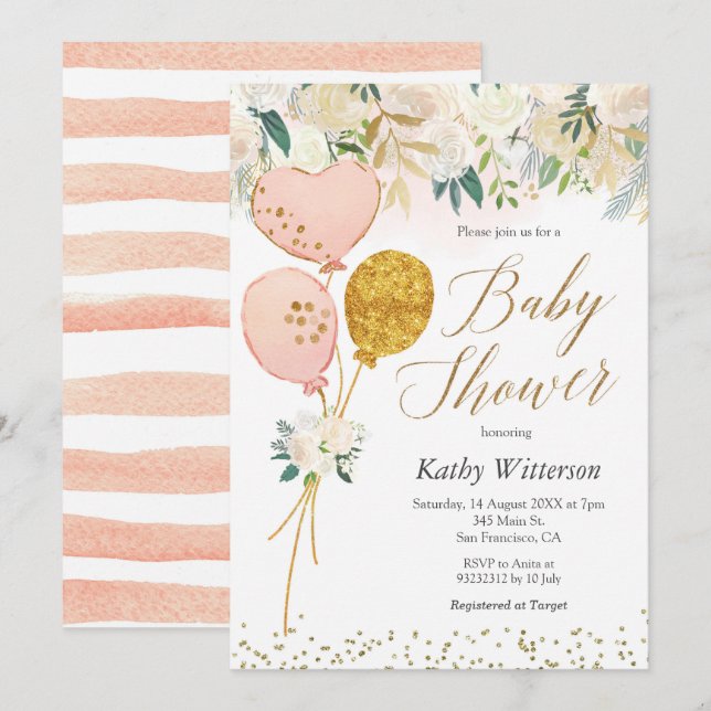Invitación a Baby Shower de Chica de globo rosa (Anverso / Reverso)