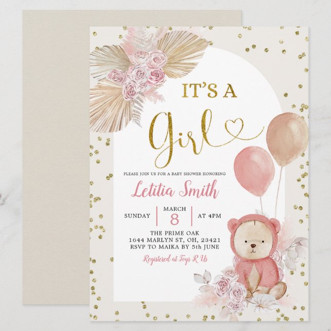 Invitación a Baby Shower de Chica de Grass Boho Pa (Anverso / Reverso)
