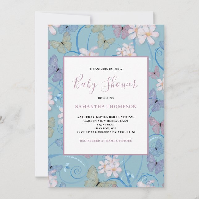 Invitación a Baby Shower de Chica de mariposa (Anverso)