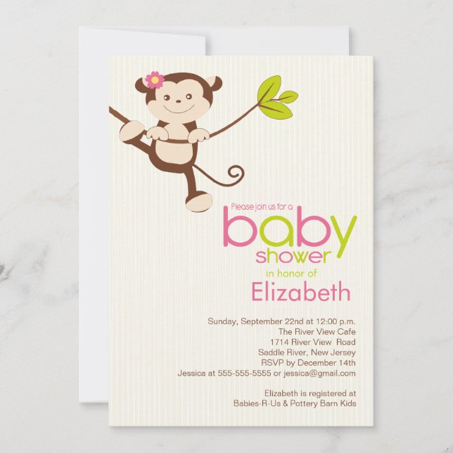 Invitación a Baby Shower de Chica de mono lindo (Anverso)