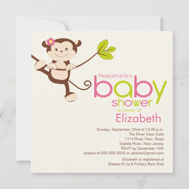 Invitación a Baby Shower de Chica de mono lindo (Anverso)