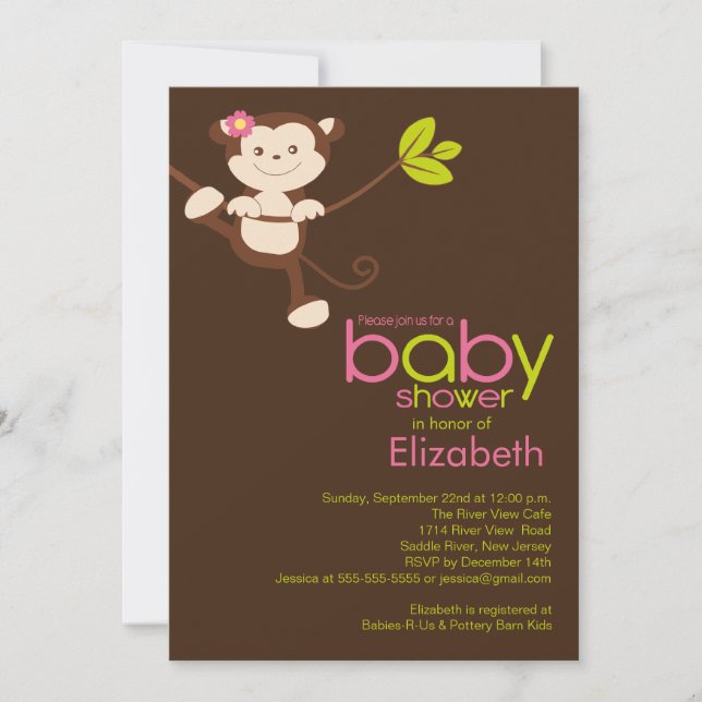 Invitación a Baby Shower de Chica de mono lindo (Anverso)