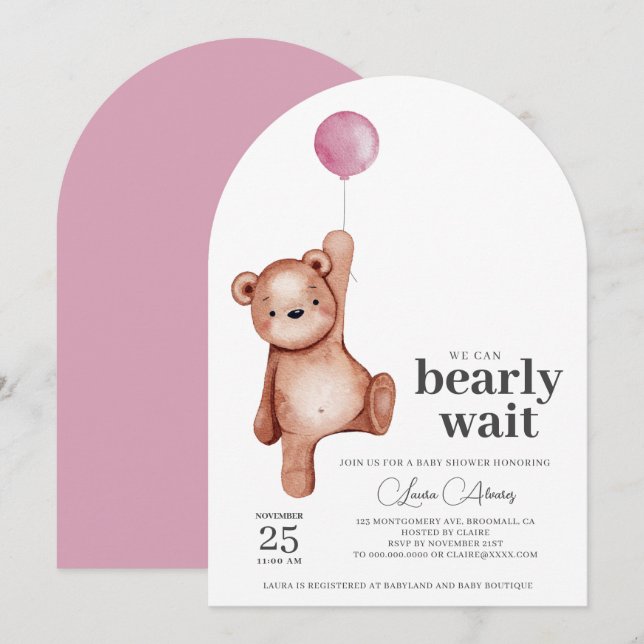 Invitación a Baby Shower de Chica de Oso de Teddy (Anverso / Reverso)