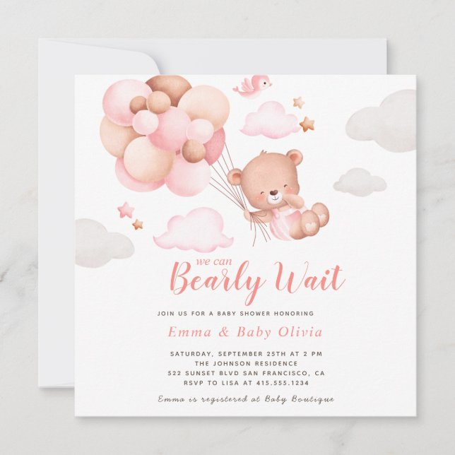 Invitación a Baby Shower de Chica de Oso de Teddy (Anverso)