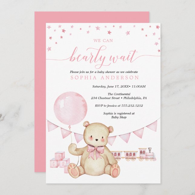 Invitación a Baby Shower de Chica de Oso de Teddy (Anverso / Reverso)
