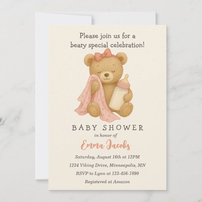 Invitación a Baby Shower de Chica de Oso de Teddy (Anverso)