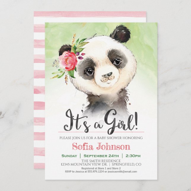 Invitación a Baby Shower de Chica de Panda (Anverso / Reverso)