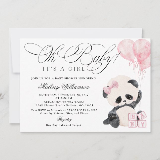 Invitación a Baby Shower de Chica de Panda (Anverso)