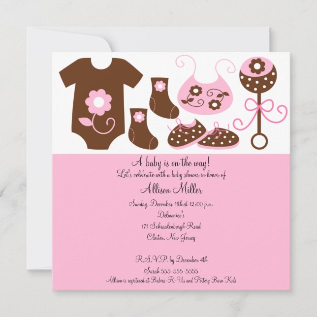Invitación a Baby Shower de Chica de ropa de bebé (Anverso)