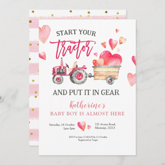 Invitación a Baby Shower de Chica de tractores ros (Anverso / Reverso)