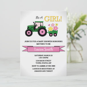 Invitación a Baby Shower de Chica de tractores, tr