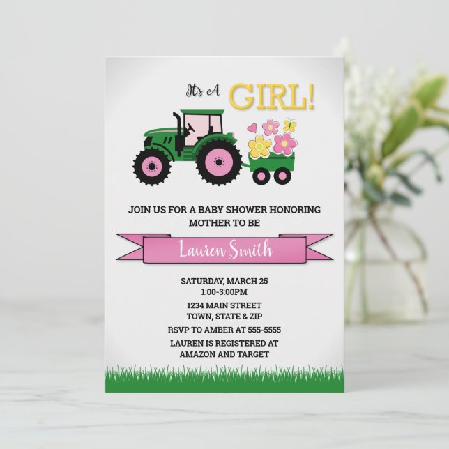 Invitación a Baby Shower de Chica de tractores, tr (Anverso de pie)