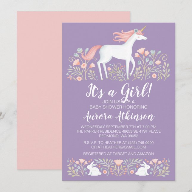 Invitación a Baby Shower de Chica de Unicorn (Anverso / Reverso)