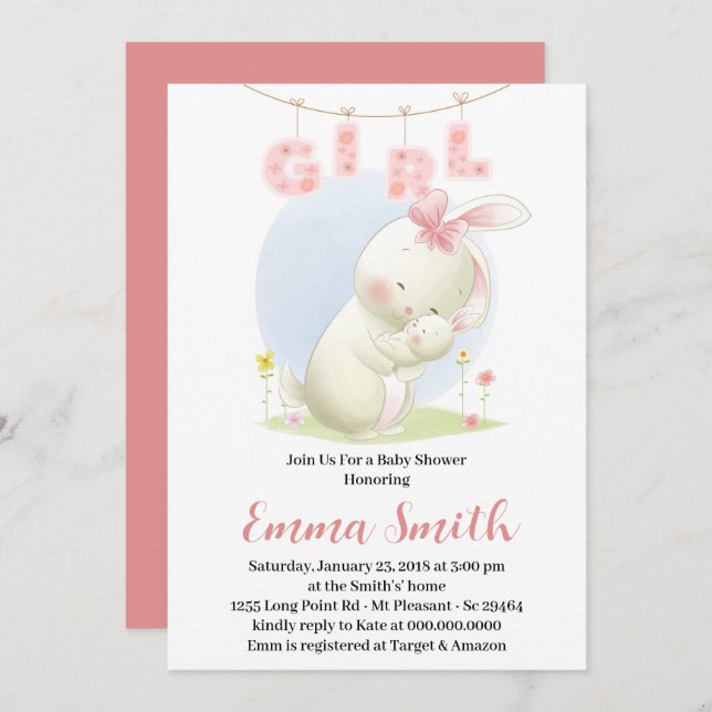 Invitación a Baby Shower de Chica dulce conejo (Anverso / Reverso)