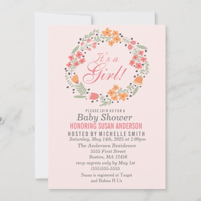 Invitación a Baby Shower de Chica floral (Anverso)