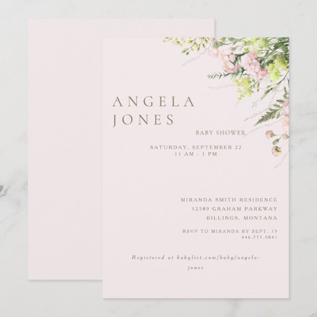 Invitación a Baby Shower de Chica Floral Rosa (Anverso / Reverso)