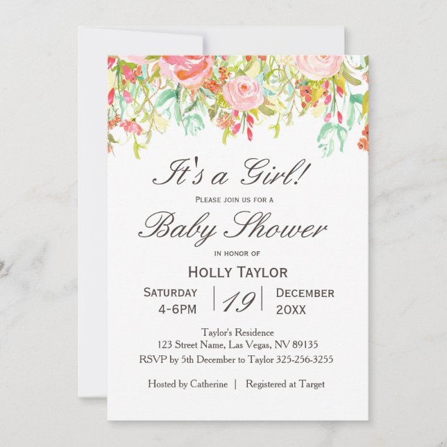Invitación a Baby Shower de Chica Floral Rosa (Anverso)