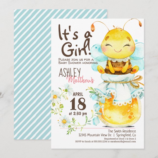 Invitación a Baby Shower de chica Honey Bee (Anverso / Reverso)