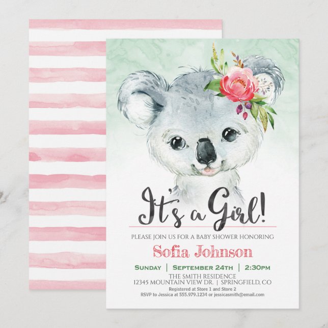 Invitación a Baby Shower de Chica Koala (Anverso / Reverso)