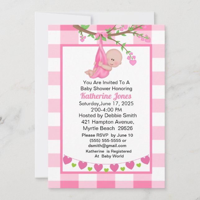 Invitación a Baby Shower de Chica lindo en árbol d (Anverso)