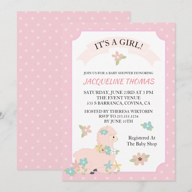 Invitación a Baby Shower de chica Llama (Anverso / Reverso)